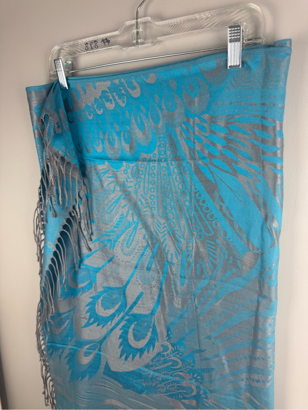Pashmina Womens Blue Silver Peacock Feather Silk Blend Scarf Shawl Fringe Tassel